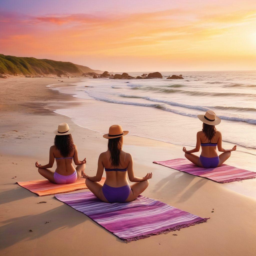 A striking beach scene featuring diverse women confidently wearing stylish bikinis that reflect current trends. Incorporate elements of wellness like yoga poses on the sand and meditation near the waves. Showcase a vibrant sunset in the background to evoke a sense of tranquility and rejuvenation. Add beach accessories such as colorful towels and sun hats. super-realistic. vibrant colors. warm tones.